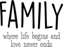 Vinyl Wall Art Decal - Family Where Life Begins & Love Never Ends - 17" x 23" - Inspirational Family Love Quotes Decoration Living Room Bedroom Indoor Outdoor Sticker for Home Decor 1