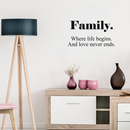 Vinyl Wall Art Decal - Family Where Life Begins And Love Never Ends - 12" x 22" - Modern Inspirational Quote Sticker For Home Apartment Living Room Bedroom Dining Room 2