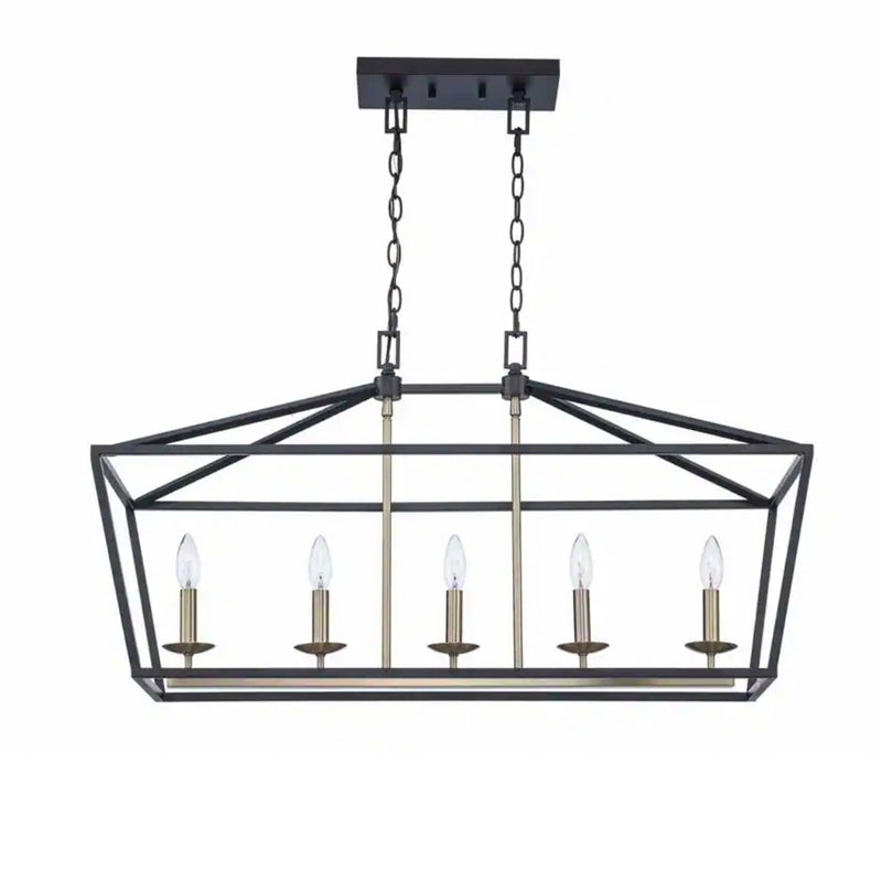 Weyburn 36 in. 5-Light Black and Gold Farmhouse Linear Chandelier Light Fixture with Caged Metal Shade - 1006324077