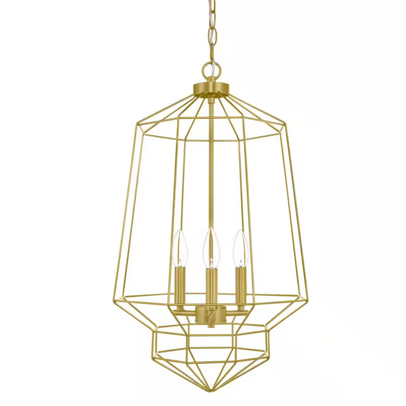 Winfield 3-Light Gold Caged Chandelier Light Fixture with Geometric Metal Shade - 1009098545