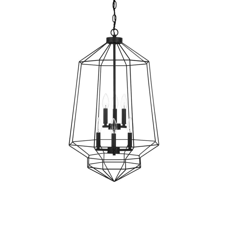Winfield 6-Light Black Caged Tier Chandelier Light Fixture with Geometric Metal Shade - 1009098834