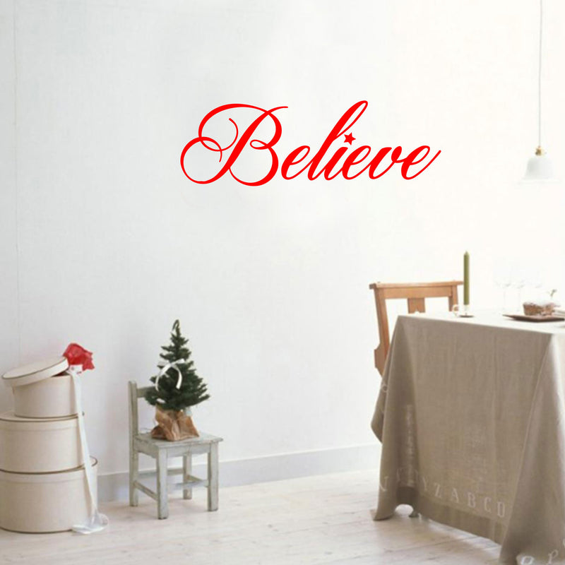 Chic Holiday Believe Vinyl Wall Art Decal - 12.5" x 35" Decoration Vinyl Sticker - Red 1