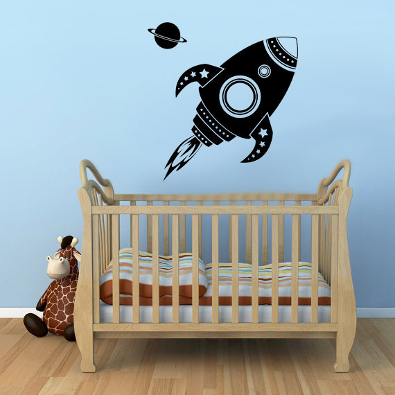 Imprinted Designs Vinyl Wall Decal Sticker Art - Spaceship Rocket and Planet - 22" x 22" - Kids Room Wall Art - Children’s Bedroom Decor - Boys Nursery Decoration 2