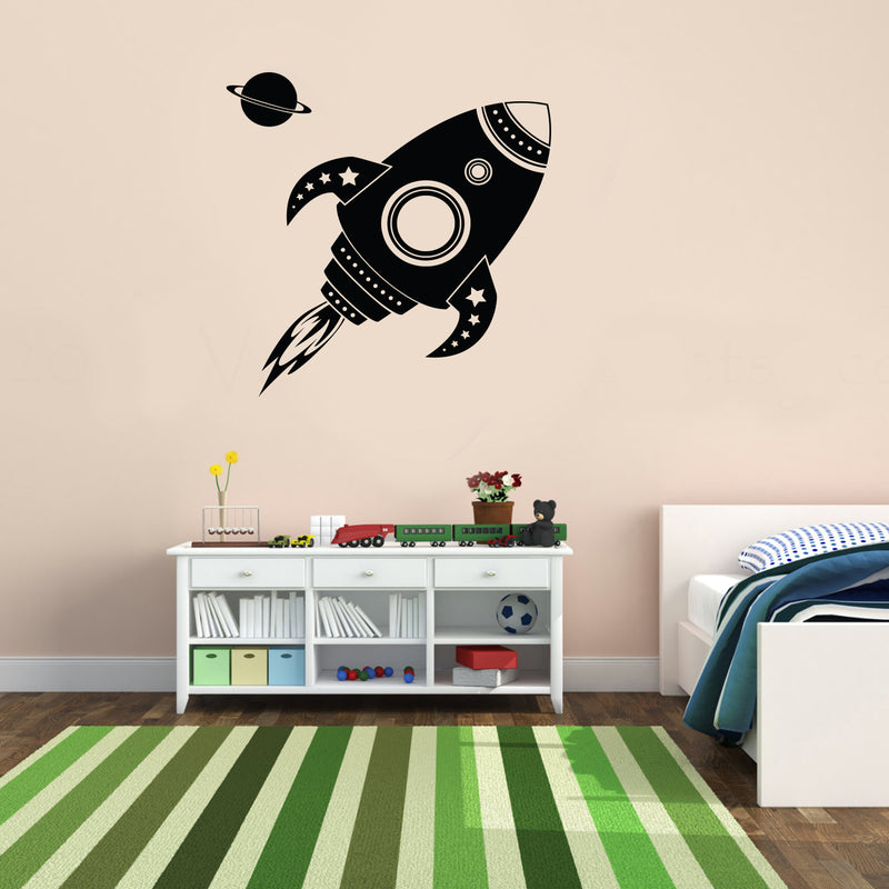 Vinyl Wall Decal Sticker Art - Spaceship Rocket and Planet - Kids Room Wall Art - Children's Bedroom Decor - Boys Nursery Decoration 2