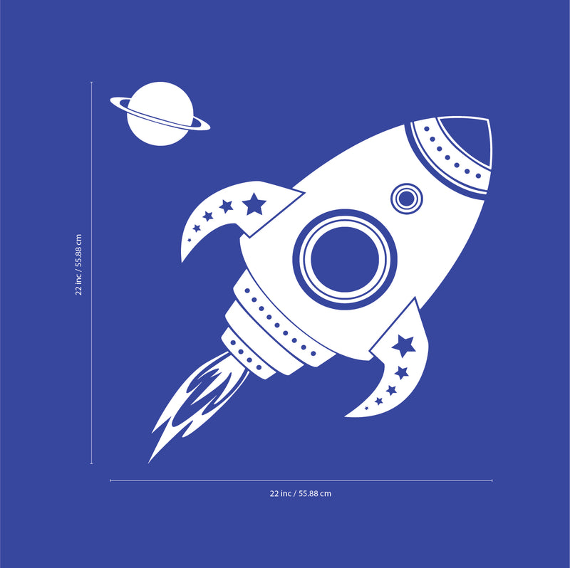 Imprinted Designs Spaceship Rocket with Planet Wall Decal Sticker Art in White - 22" x 22" - Kids Room Wall Art - Children’s Room Decor - Cute Boy’s Nursery Wall Decorations 1