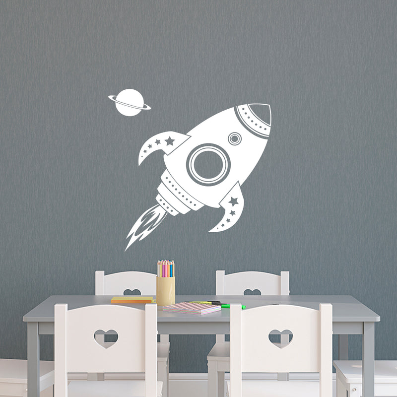 Imprinted Designs Spaceship Rocket with Planet Wall Decal Sticker Art in White - 22" x 22" - Kids Room Wall Art - Children’s Room Decor - Cute Boy’s Nursery Wall Decorations 2