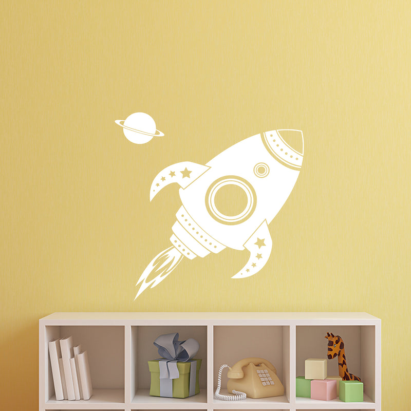 Imprinted Designs Spaceship Rocket with Planet Wall Decal Sticker Art in White - 22" x 22" - Kids Room Wall Art - Children’s Room Decor - Cute Boy’s Nursery Wall Decorations 4