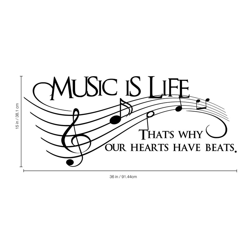 Imprinted Designs Music is Life. That’s Why Our Hearts Have Beats Vinyl Wall Decal Sticker Art 36" X 15" 3