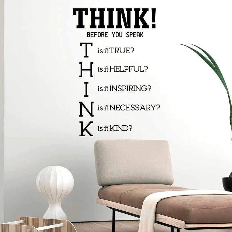 Vinyl Wall Art Decal - Think! Before You Speak - 34" x 23" - Modern Motivational Home Bedroom Living Room Office Quote - Trendy Positive Work School Apartment Classroom Decor (34" x 23"; Black) 1