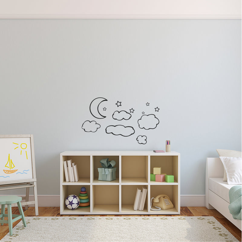 Clouds; Moon & Stars - Set 12 Vinyl Wall Art Decals - Bedroom Vinyl Wall Decor Stickers - Dorm Room Vinyl Decal Wall Decor - Kids Room Vinyl Wall Decals - Cloudy Sky Pattern Vinyl 3