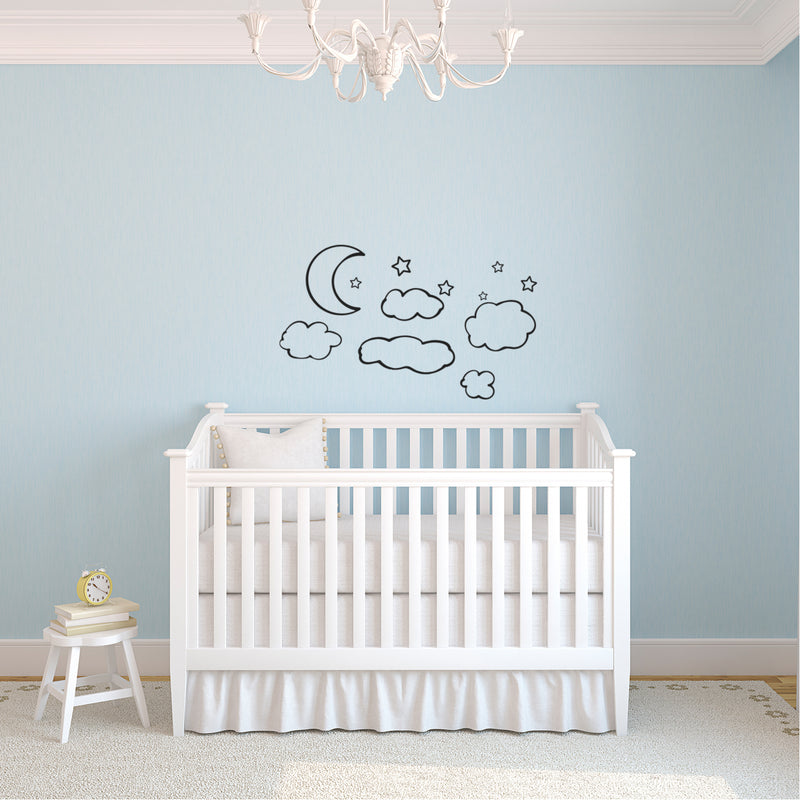 Clouds; Moon & Stars - Set 12 Vinyl Wall Art Decals - Bedroom Vinyl Wall Decor Stickers - Dorm Room Vinyl Decal Wall Decor - Kids Room Vinyl Wall Decals - Cloudy Sky Pattern Vinyl 2