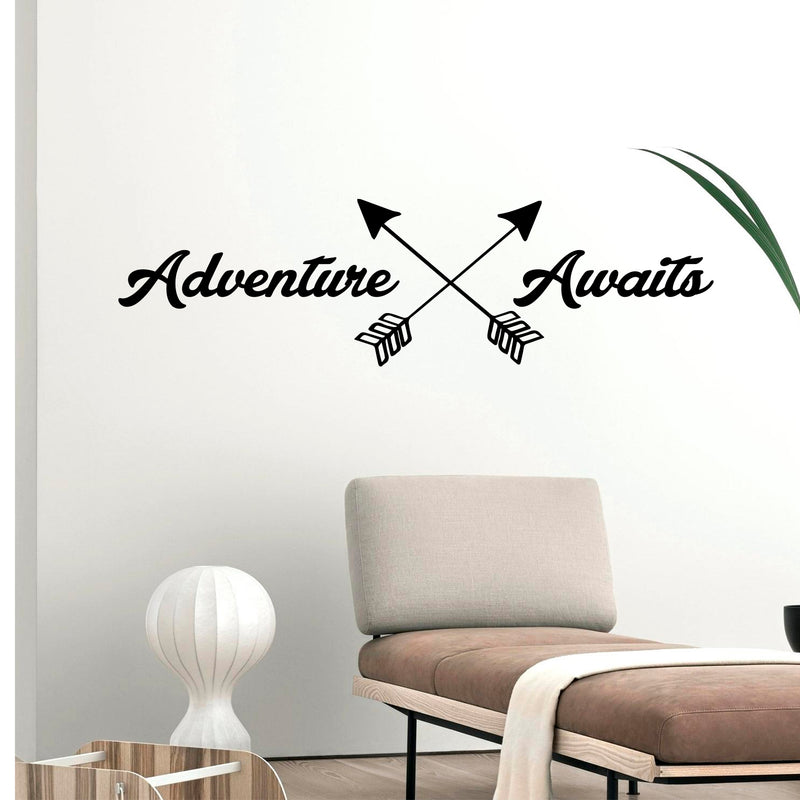 Adventure Awaits Lettering - Inspirational Life Quotes - Wall Art Decal - 11" x 39" Decoration Vinyl Sticker - Apartment Bedroom Living Room Vacations Travel Peel Off Stickers (11" x 39"; Black) 1