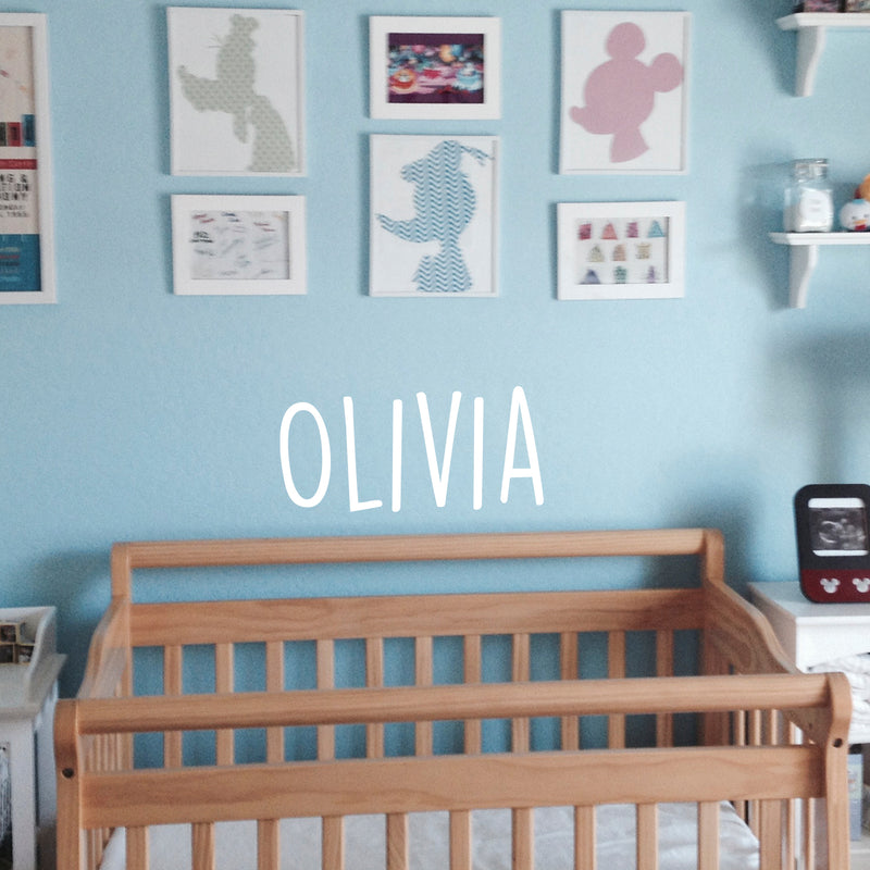 Vinyl Wall Art Decal Girls Custom Name - ’Olivia’ Custom Text Name- 12" x 26" - Girls Bedroom Vinyl Wall Decals - Cute Wall Art Decals for Baby Girl Nursery Room Decor (12" x 26"; White Text) 3