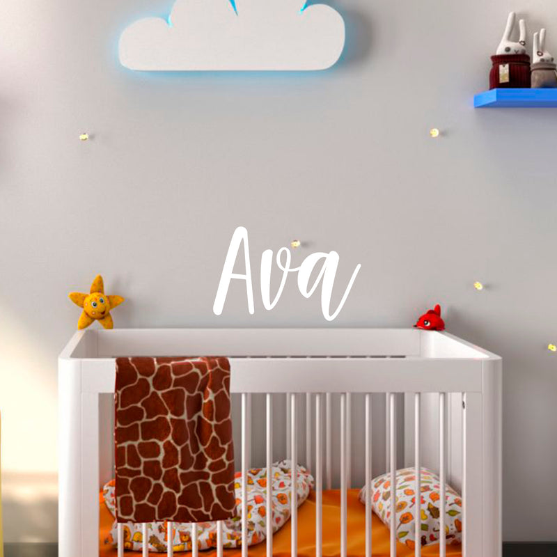 Vinyl Wall Art Decal Girls Custom Name - ’AVA’ Custom Text Name - 12" x 23" - Girls Bedroom Vinyl Wall Decals - Cute Wall Art Decals for Baby Girl Nursery Room Decor (12" x 23"; White Cursive) 1