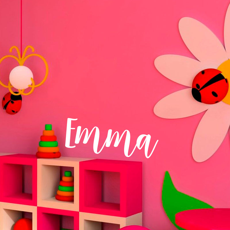 Vinyl Wall Art Decal Girls Custom Name - ’Emma’ Custom Text Name - 12" x 34" - Girls Bedroom Vinyl Wall Decals - Cute Wall Art Decals for Baby Girl Nursery Room Decor (12" x 34"; White Cursive) 2