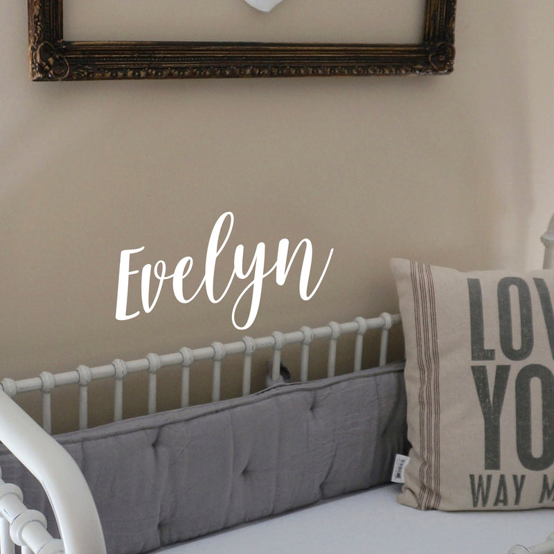 Vinyl Wall Art Decal Girls Custom Name - ’Evelyn’ Custom Text Name- 12" x 26" - Girls Bedroom Vinyl Wall Decals - Cute Wall Art Decals for Baby Girl Nursery Room Decor (12" x 26"; White Cursive) 3