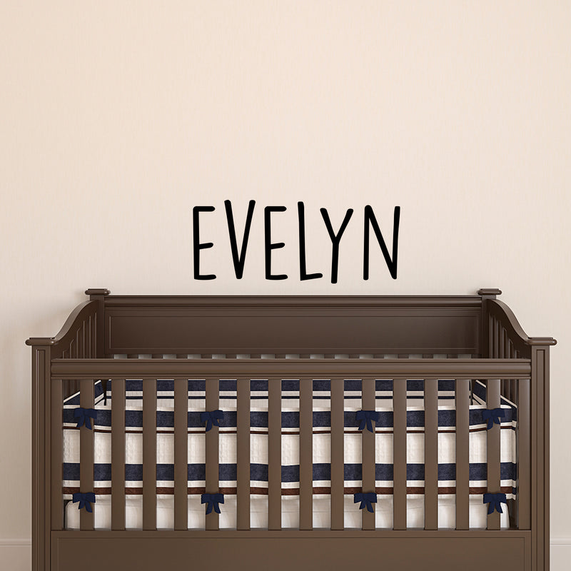 Vinyl Wall Art Decal Girls Custom Name - ’Evelyn’ Custom Text Name- 12" x 30" - Girls Bedroom Vinyl Wall Decals - Cute Wall Art Decals for Baby Girl Nursery Room Decor (12" x 30"; Black Text) 1