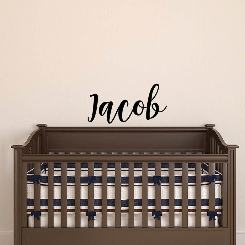 Vinyl Wall Art Decal Boys Custom Name - ’Jacob’ Custom Text Name - 12" x 28" - Little Boys Bedroom Vinyl Wall Decals - Cute Wall Art Decals for Baby Boy Nursery Room Decor (12" x 28"; Black Cursive) 1