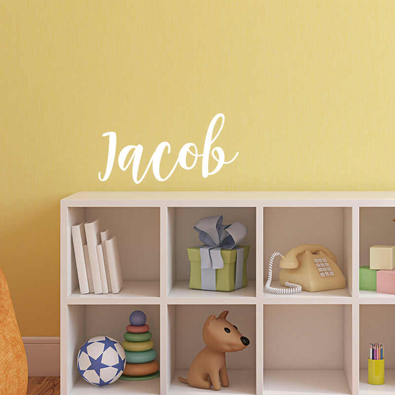 Vinyl Wall Art Decal Boys Custom Name - ’Jacob’ Custom Text Name - 12" x 28" - Little Boys Bedroom Vinyl Wall Decals - Cute Wall Art Decals for Baby Boy Nursery Room Decor (12" x 28"; White Cursive) 3