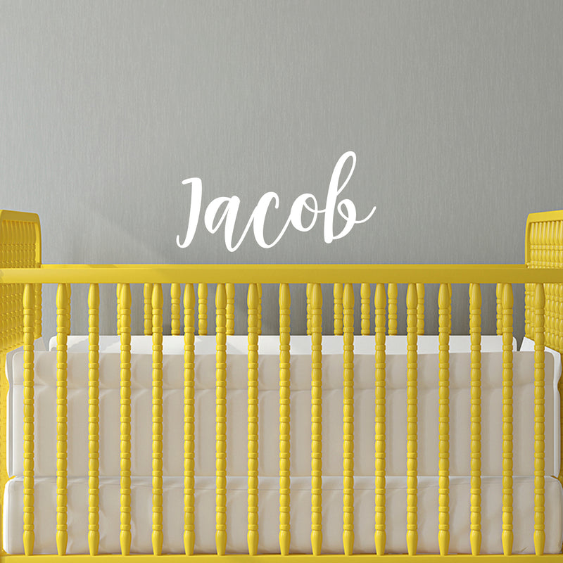 Vinyl Wall Art Decal Boys Custom Name - ’Jacob’ Custom Text Name - 12" x 28" - Little Boys Bedroom Vinyl Wall Decals - Cute Wall Art Decals for Baby Boy Nursery Room Decor (12" x 28"; White Cursive) 2