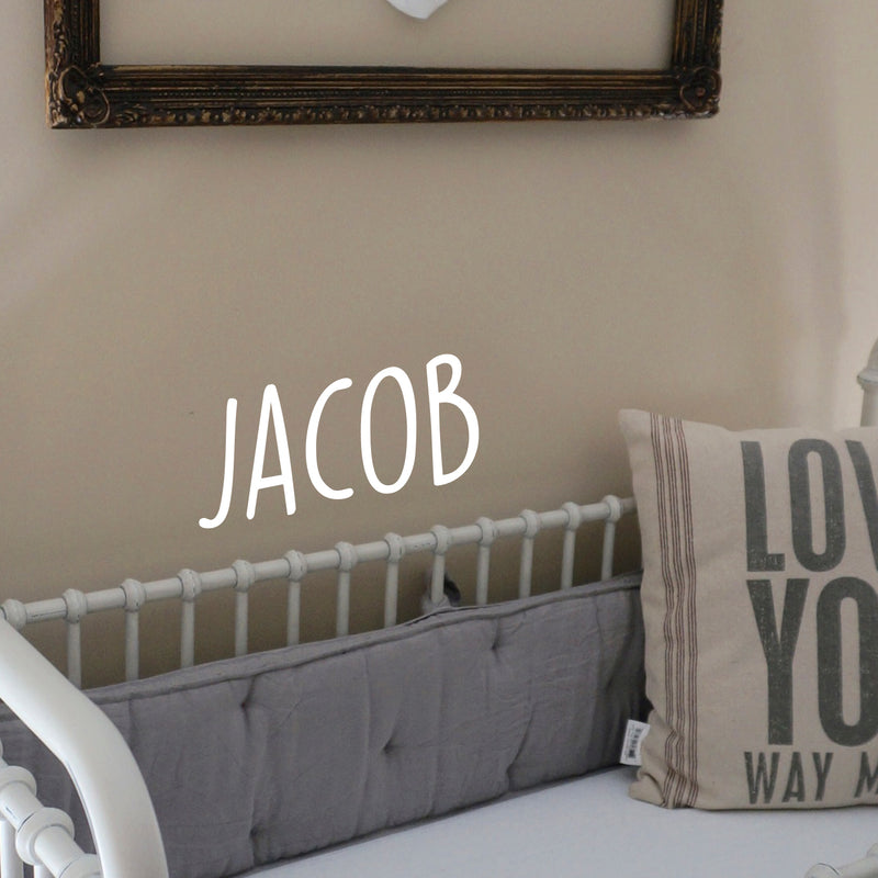 Vinyl Wall Art Decal Boys Custom Name - ’Jacob’ Custom Text Name - 12" x 28" - Little Boys Bedroom Vinyl Wall Decals - Cute Wall Art Decals for Baby Boy Nursery Room Decor (12" x 28"; White Text) 2