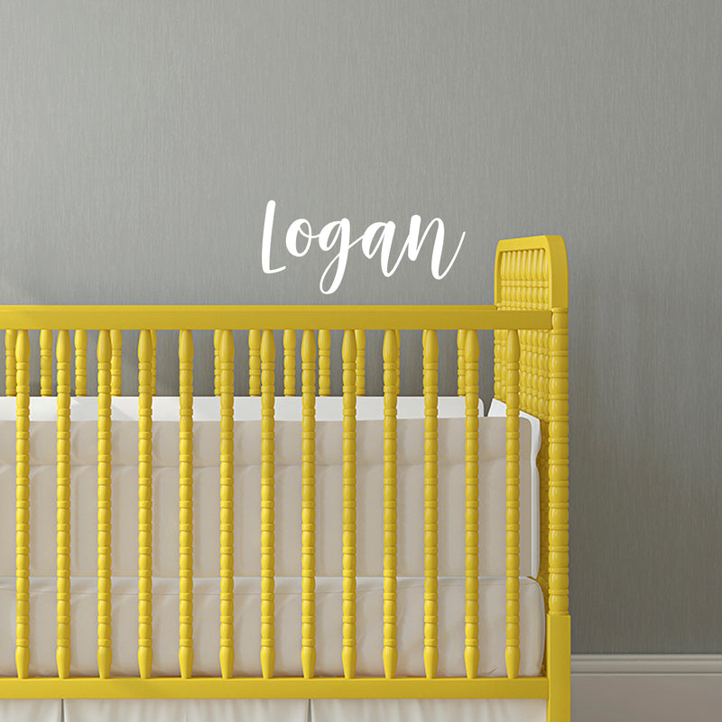 Vinyl Wall Art Decal Boys Custom Name - ’Logan’ Custom Text Name - 12" x 29" - Little Boys Bedroom Vinyl Wall Decals - Cute Wall Art Decals for Baby Boy Nursery Room Decor (12" x 29"; White Cursive) 2