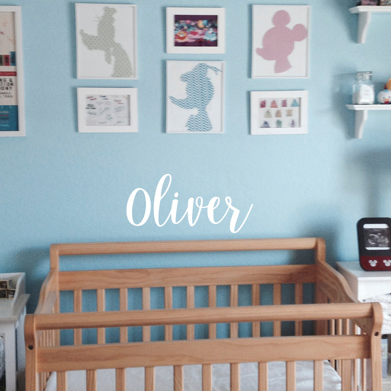 Vinyl Wall Art Decal Boys Custom Name - ’Oliver’ Custom Text Name - 12" x 30" - Little Boys Bedroom Vinyl Wall Decals - Cute Wall Art Decals for Baby Boy Nursery Room Decor (12" x 30"; White Cursive) 1