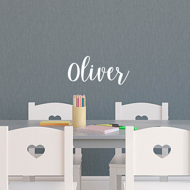 Vinyl Wall Art Decal Boys Custom Name - ’Oliver’ Custom Text Name - 12" x 30" - Little Boys Bedroom Vinyl Wall Decals - Cute Wall Art Decals for Baby Boy Nursery Room Decor (12" x 30"; White Cursive) 2