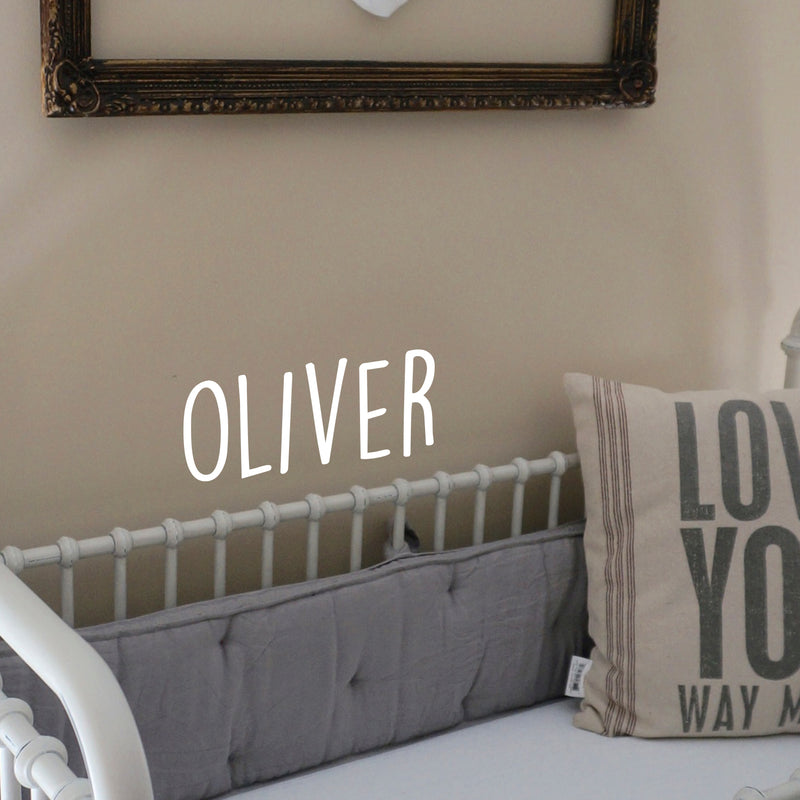 Vinyl Wall Art Decal Boys Custom Name - ’Oliver’ Custom Text Name - 12" x 30" - Little Boys Bedroom Vinyl Wall Decals - Cute Wall Art Decals for Baby Boy Nursery Room Decor (12" x 30"; White Text) 2