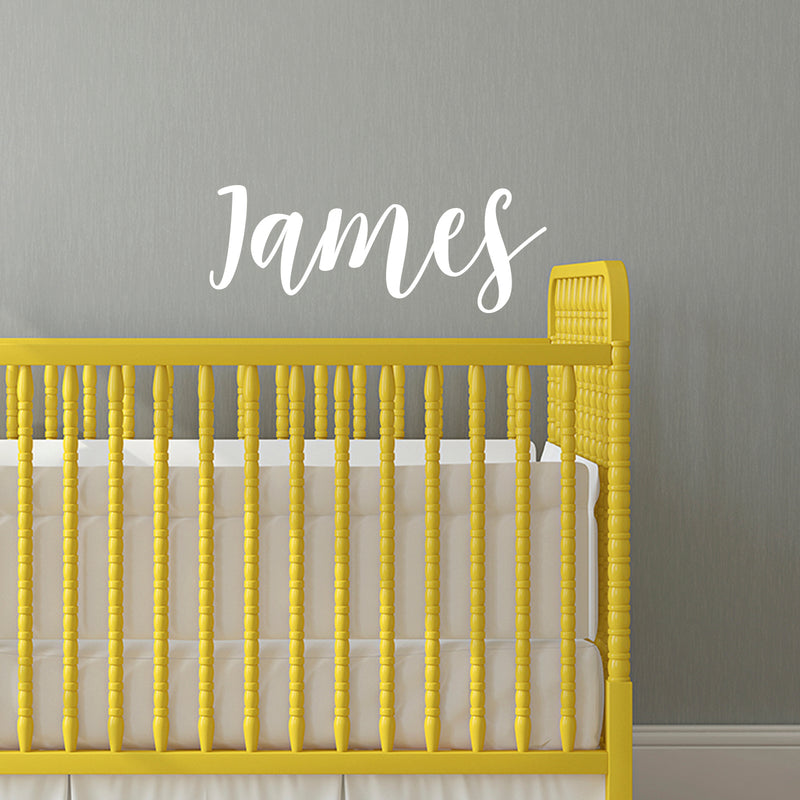 Vinyl Wall Art Decal Boys Custom Name - ’James’ Custom Text Name - 12" x 34" - Little Boys Bedroom Vinyl Wall Decals - Cute Wall Art Decals for Baby Boy Nursery Room Decor (12" x 34"; White Cursive) 2