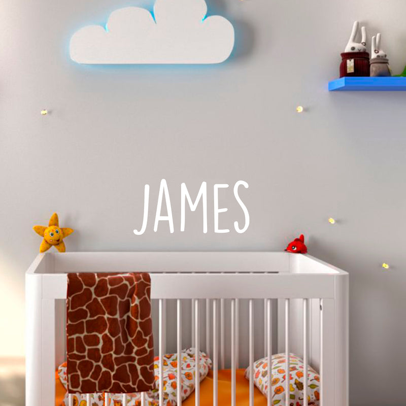 Vinyl Wall Art Decal Boys Custom Name - ’James’ Custom Text Name - 12" x 29" - Little Boys Bedroom Vinyl Wall Decals - Cute Wall Art Decals for Baby Boy Nursery Room Decor (12" x 29"; White Text) 1