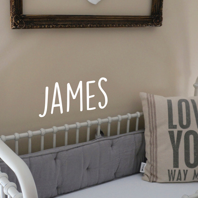 Vinyl Wall Art Decal Boys Custom Name - ’James’ Custom Text Name - 12" x 29" - Little Boys Bedroom Vinyl Wall Decals - Cute Wall Art Decals for Baby Boy Nursery Room Decor (12" x 29"; White Text) 2