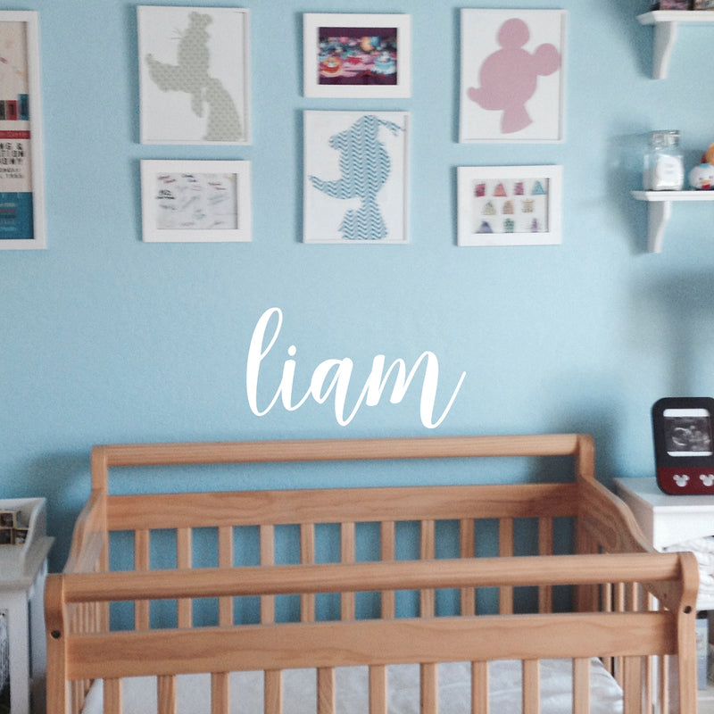 Vinyl Wall Art Decal Boys Custom Name - ’Liam’ Custom Text Name- 12" x 25" - Little Boys Bedroom Vinyl Wall Decals - Cute Wall Art Decals for Baby Boy Nursery Room Decor (12" x 25"; White Cursive) 2