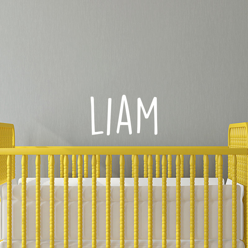 Vinyl Wall Art Decal Boys Custom Name - ’Liam’ Custom Text Name- 12" x 23" - Little Boys Bedroom Vinyl Wall Decals - Cute Wall Art Decals for Baby Boy Nursery Room Decor (12" x 23"; White Text) 1