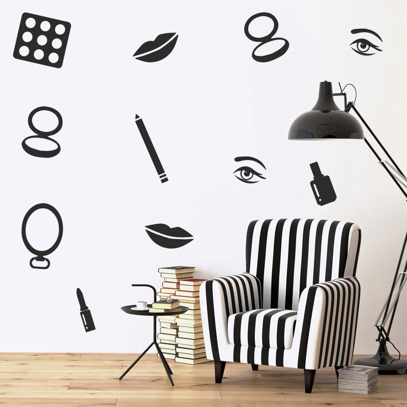 Makeup Set of 16 Vinyl Art Wall Decals - 1" to 4" Each - Vinyl Wall Stickers - Beauty Trend Vinyl Stickers - Bedroom Dorm Room Vinyl Stickers - Fashion Wall Art Vinyl Sticker Decor 2