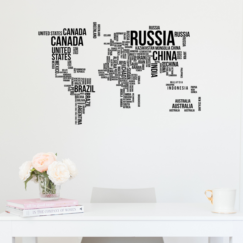 Vinyl Wall Art Decal - Country Names In World Map Outline - Indoor Outdoor Educational Preschool Kindergarten Elementary High School Classroom Wall Art World Atlas 2