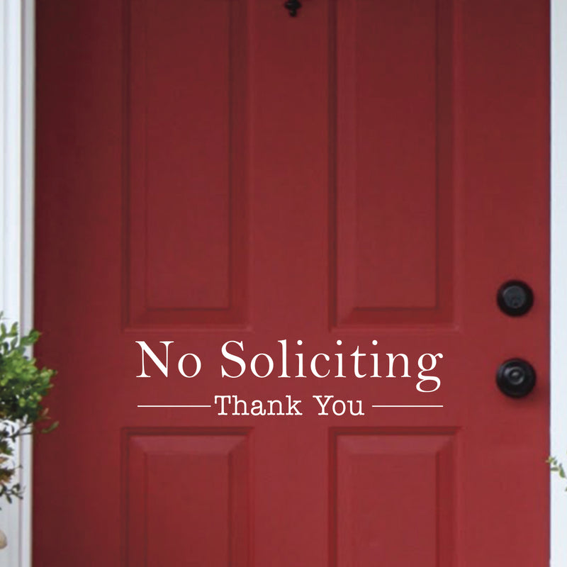 Vinyl Wall Art Decal - No Soliciting Thank You - 5" x 20" Decoration Adhesive Sticker - Home Rules Signs Outdoor and Indoor Decor Peel Off Stencil Adhesives for Walls Doors Windows (5" x 20"; White) 1