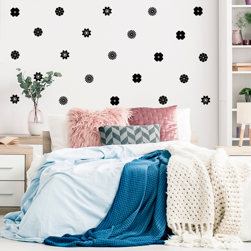 Set of 32 Vinyl Wall Art Decal - Variety of Flower Patterns - 3" x 3" Each - Bedroom Living Room Office Dorm Room Girly Wall Decoration - Cute Trendy Apartment Wall Decor (3" x 3" Each; Black) 2