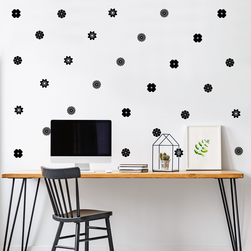 Set of 32 Vinyl Wall Art Decal - Variety of Flower Patterns - 3" x 3" Each - Bedroom Living Room Office Dorm Room Girly Wall Decoration - Cute Trendy Apartment Wall Decor (3" x 3" Each; Black) 3