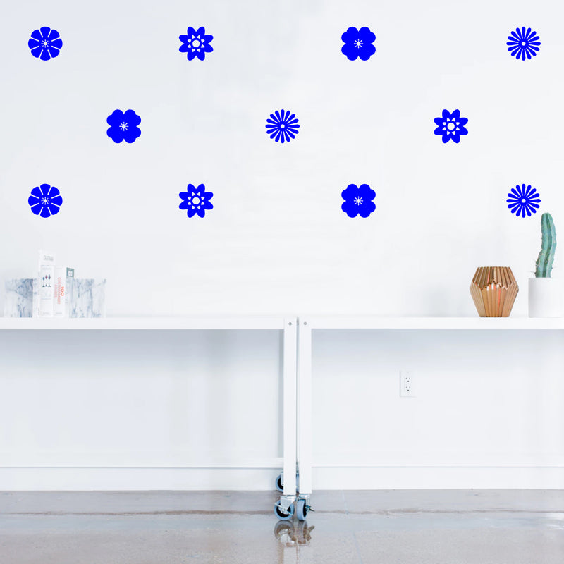 Set of 32 Vinyl Wall Art Decal - Variety of Flower Patterns - 3" x 3" Each - Bedroom Living Room Office Dorm Room Girly Wall Decoration - Cute Trendy Apartment Wall Decor (3" x 3" Each; Blue) 3