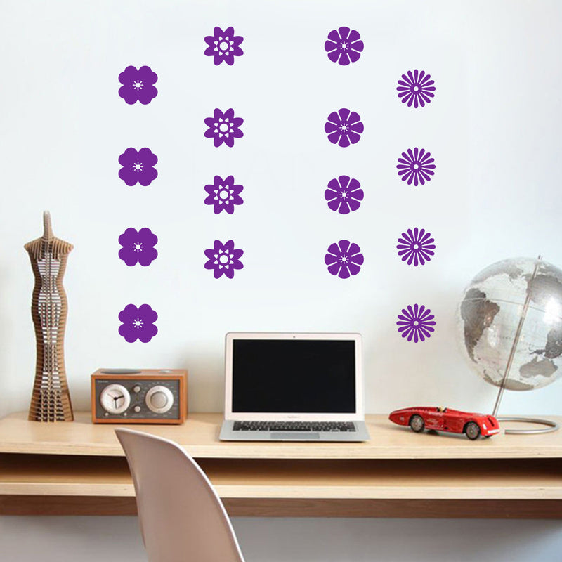 Set of 32 Vinyl Wall Art Decal - Variety of Flower Patterns - 3" x 3" Each - Bedroom Living Room Office Dorm Room Girly Wall Decoration - Cute Trendy Apartment Wall Decor (3" x 3" Each; Purple) 3