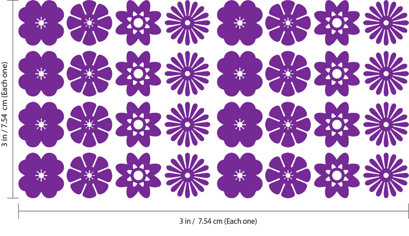 Set of 32 Vinyl Wall Art Decal - Variety of Flower Patterns - 3" x 3" Each - Bedroom Living Room Office Dorm Room Girly Wall Decoration - Cute Trendy Apartment Wall Decor (3" x 3" Each; Purple) 4