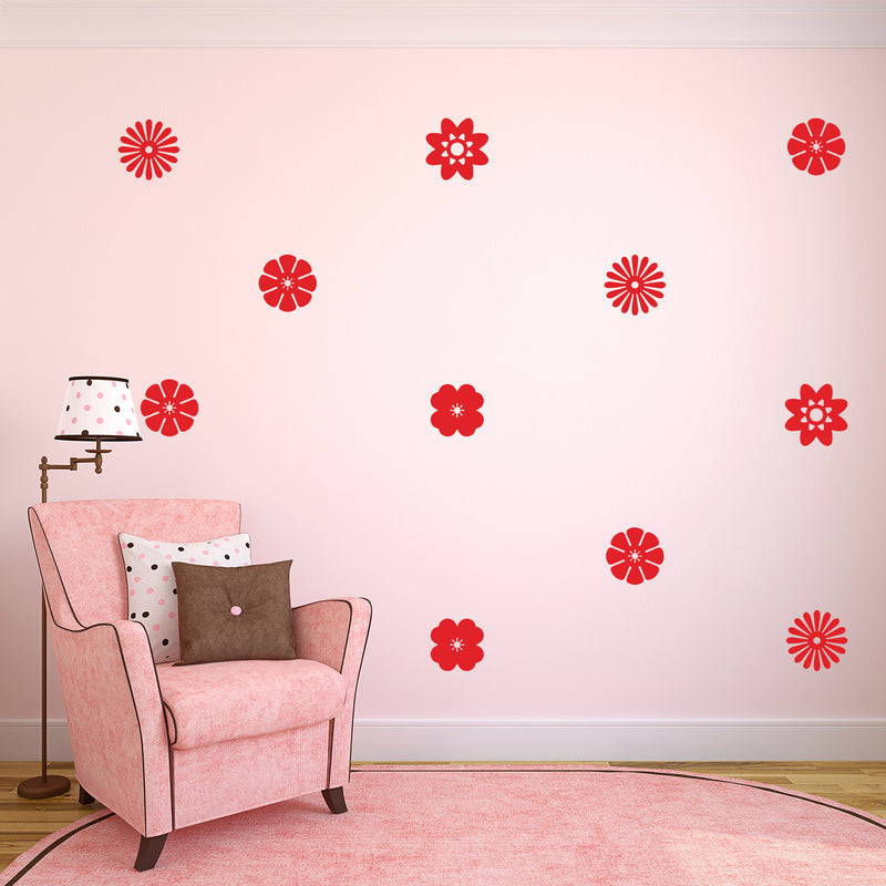 Set of 32 Vinyl Wall Art Decal - Variety of Flower Patterns - 3" x 3" Each - Bedroom Living Room Office Dorm Room Girly Wall Decoration - Cute Trendy Apartment Wall Decor (3" x 3" Each; Red) 3