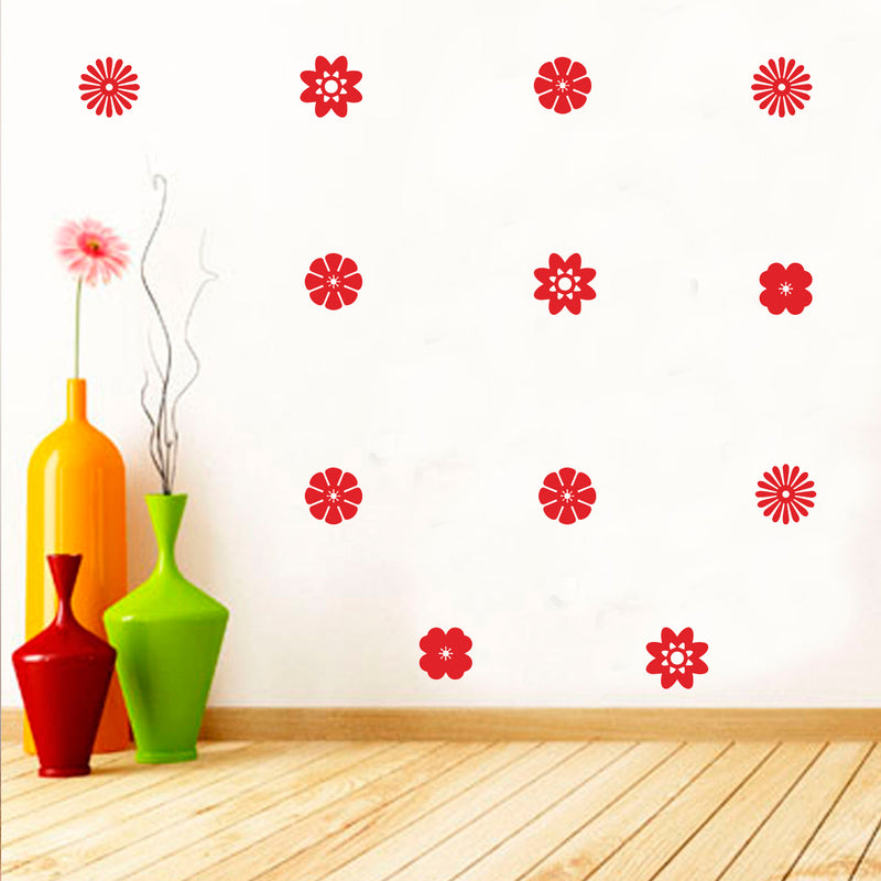 Set of 32 Vinyl Wall Art Decal - Variety of Flower Patterns - 3" x 3" Each - Bedroom Living Room Office Dorm Room Girly Wall Decoration - Cute Trendy Apartment Wall Decor (3" x 3" Each; Red) 2