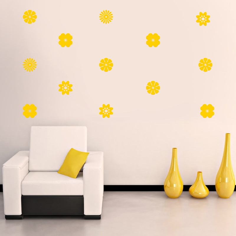 Set of 32 Vinyl Wall Art Decal - Variety of Flower Patterns - 3" x 3" Each - Bedroom Living Room Office Dorm Room Girly Wall Decoration - Cute Trendy Apartment Wall Decor (3" x 3" Each; Yellow) 3