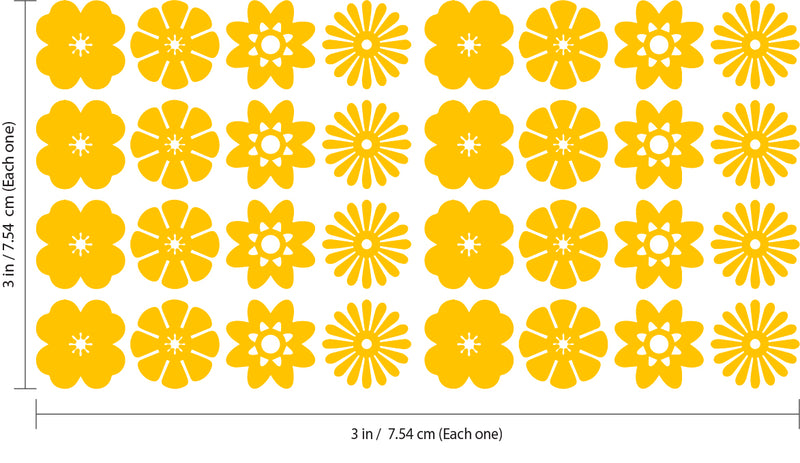 Set of 32 Vinyl Wall Art Decal - Variety of Flower Patterns - 3" x 3" Each - Bedroom Living Room Office Dorm Room Girly Wall Decoration - Cute Trendy Apartment Wall Decor (3" x 3" Each; Yellow) 4