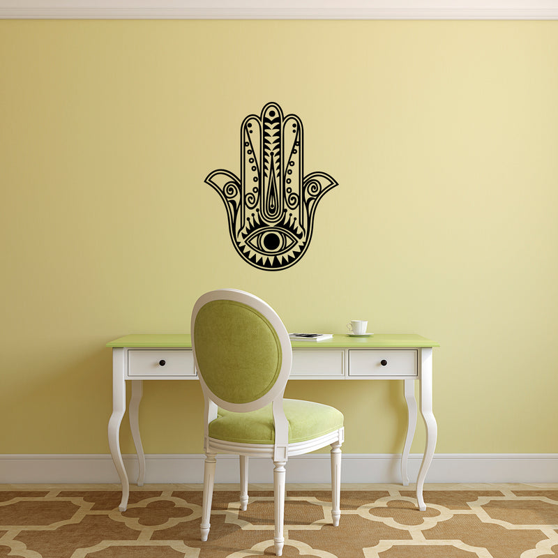 Vinyl Wall Art Decal - Hamsa Hand - Hand of Fatima Evil Eye Protection Blessing Symbol - Home Apartment Decor - Yoga Studio Namaste Meditation Mandala House Warming Gift (29" x 23"; White) 2