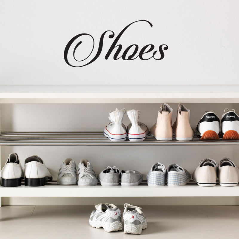 Vinyl Wall Art Decal - Shoes Cursive Lettering Sign - 6" x 12" - Women’s Girl’s Bedroom Closet Door Shoe Bin Organization Sticker Label - Home Decor - Trendy Modern Wall Decals 1