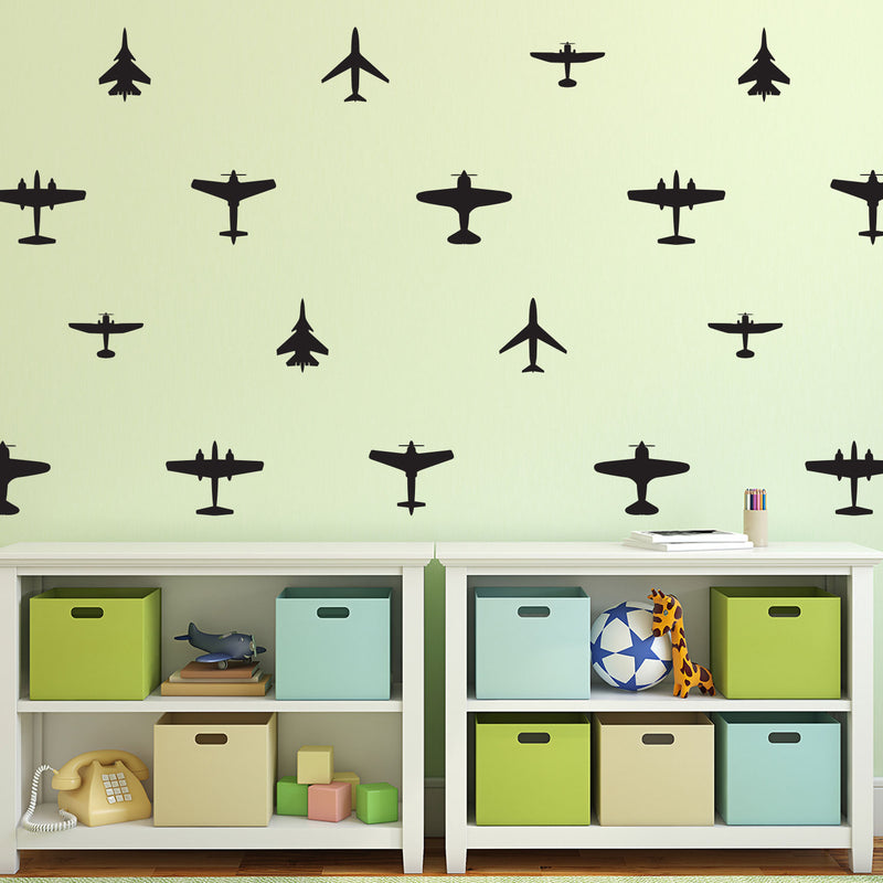 Set of 6 Vinyl Wall Art Decals - Airplanes Patterns - Each - Cool Adhesive Sticker Shapes For Kids Toddlers Teens Bedroom Playroom Living Room Home Apartment Decorations 2