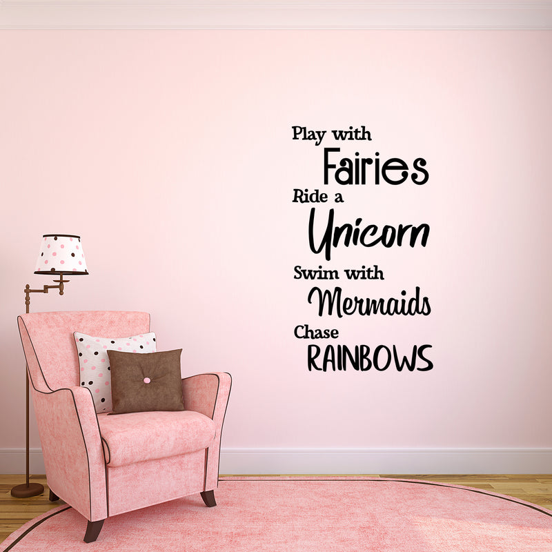 Vinyl Wall Art Decal - Play With Fairies Ride With Unicorns Swim With Mermaids - Cute Decor For Little Girls Toddlers Teens Bedroom Nursery Adhesive Decor - Home Daycare Sticker 2